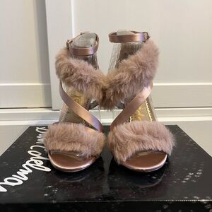 Sam Edelman Adelle blush pink satin heels with faux fur